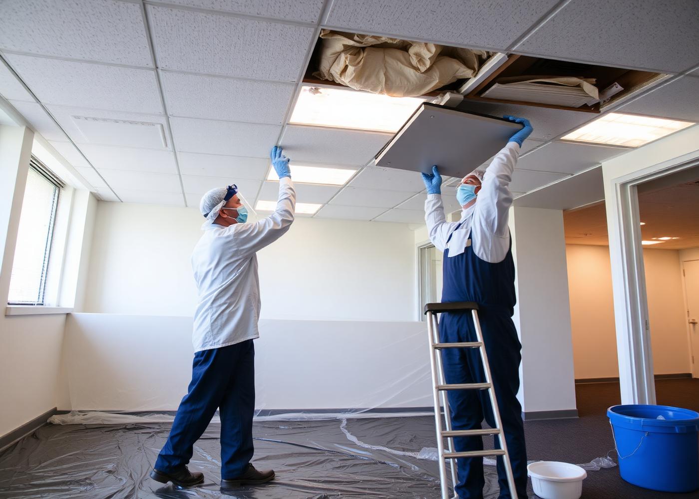 Restoration crew removing damaged ceiling tiles in a commercial space