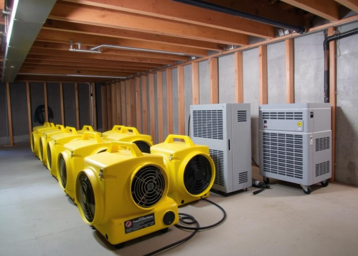 Air movers and dehumidifiers drying a stripped basement
