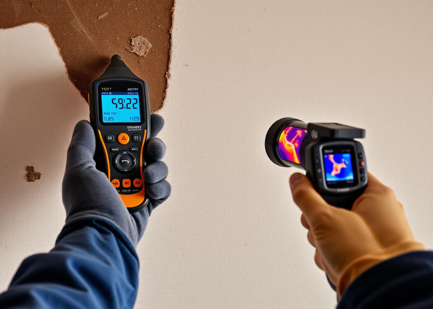 Technician measuring moisture in damp drywall with a handheld meter